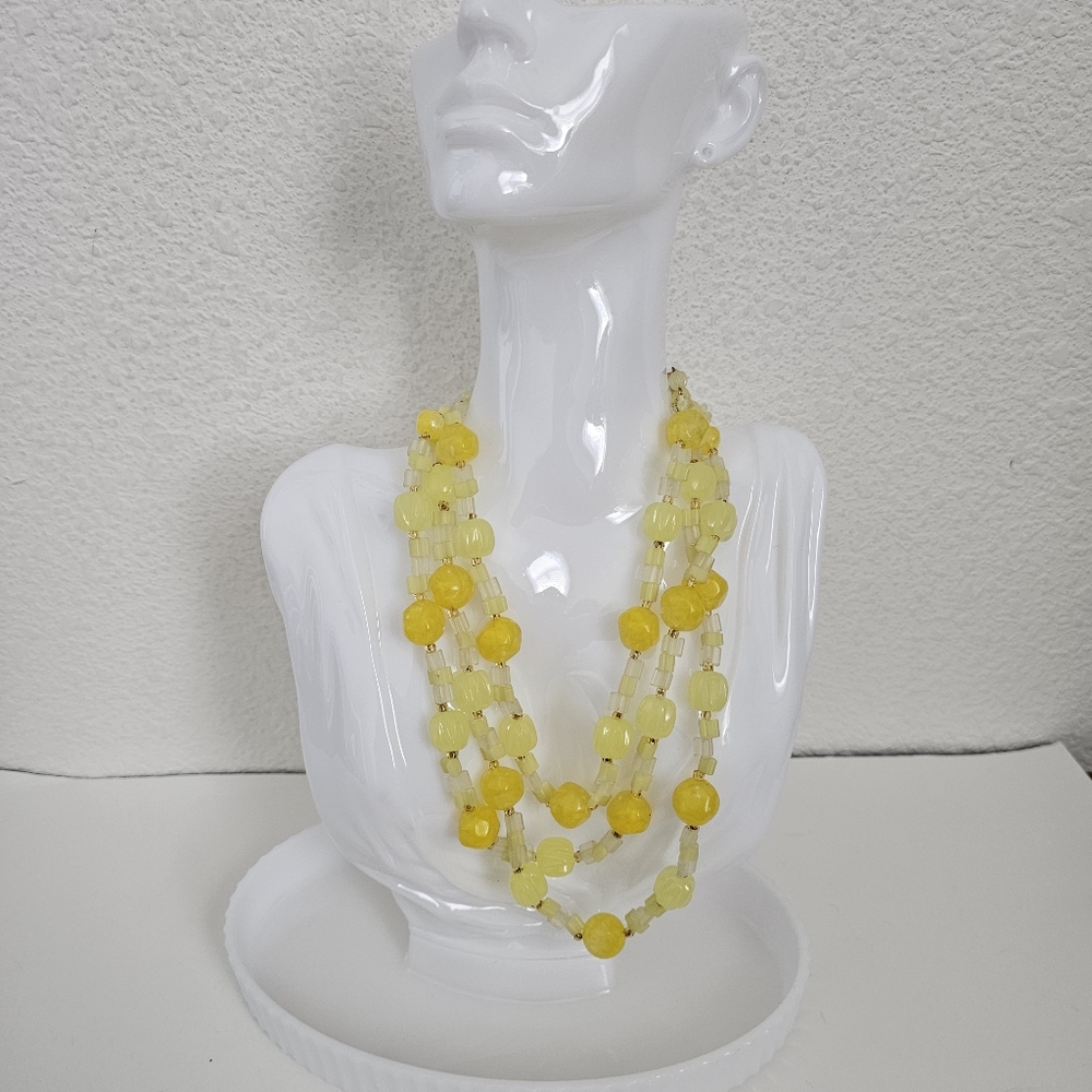 Vintage Western Germany 3-Strand Moonglow Lucite Necklace Lemon & Butter Yellow